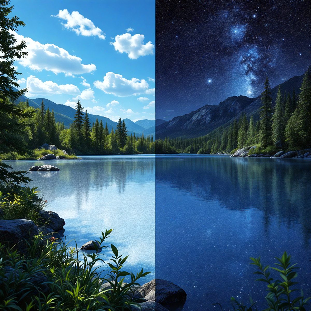 The primary subject of the image is a serene lake surrounded by a forest. The setting is a beautiful nighttime scene with a starry sky above the lake. The visual style is a combination of photo and digital art, creating a realistic yet artistic representation of the scene. The colors and mood are predominantly blue, with the starry sky adding a sense of tranquility and wonder to the image.